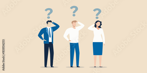 People pondering with question marks above their heads illustrating uncertainty