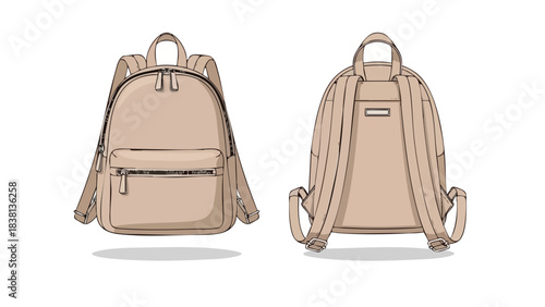 Elegant beige backpack with front pocket and adjustable straps showcasing both front and back views for design and style inspiration