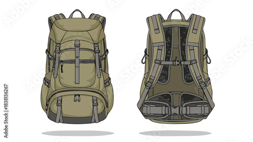 Detailed Illustration of a Hiking Backpack: Front and Back View for Gear Design and Outdoor Adventure Conceptualization