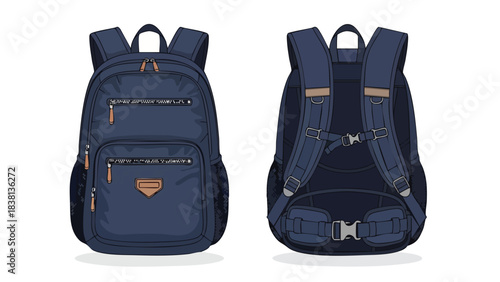 Detailed Vector Illustration of a Blue Backpack from Front and Back Perspectives for Design Versatility