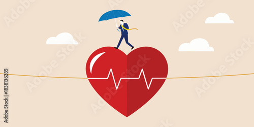 Business person carefully walking on a rope over a red heart with an ecg line