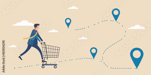 A businessman pushing a shopping cart along a path of location pins