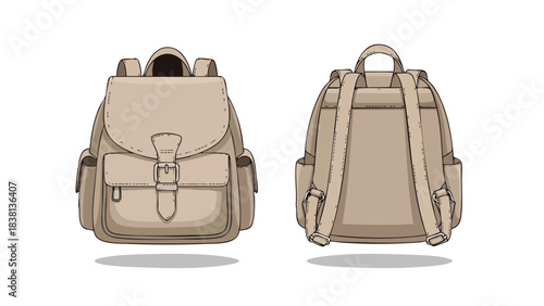 Stylish beige backpack with flap and buckle closure, presented in front and back views, embodying a classic aesthetic for urban explorers and students
