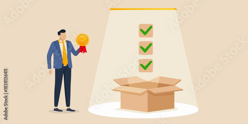 A businessman receives a reward from a shining box with checkmarks