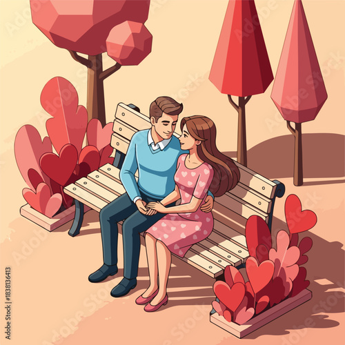 Illustration of a romantic couple sitting on a park bench surrounded by heart-shaped plants and red umbrellas in a warm color palette.