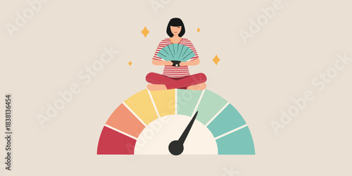 Woman meditating above a colorful gauge showing a measurement or progress