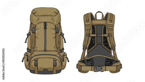 Detailed illustration of a hiking backpack showcasing front and back view isolated on white background
