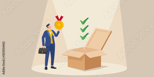 A businessman receives a golden medal from a box with checkmarks