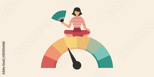 Woman meditating atop a colorful arc with a fan measuring emotional balance