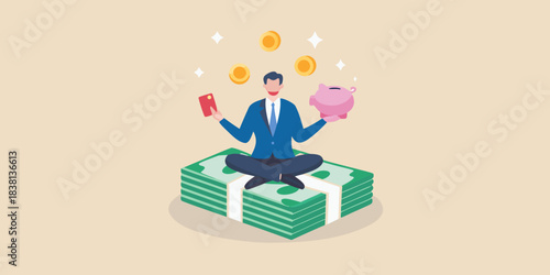 Man meditating on money with a piggy bank and falling coins