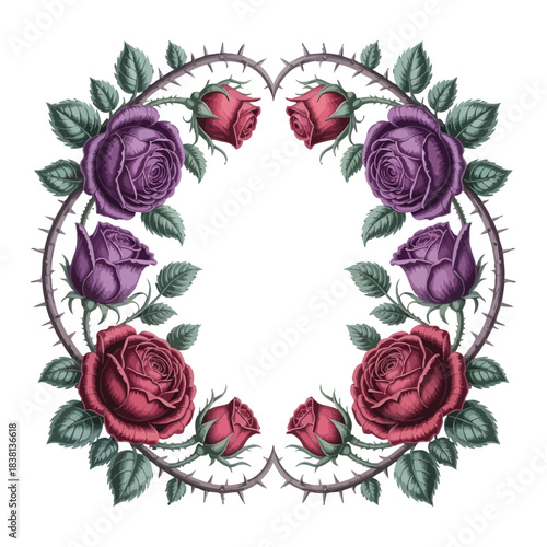 Ornate Floral Wreath of Purple and Red Roses Entwined with Black Thorns Illustration