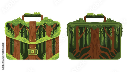 Eco-Friendly Business: Forest-Themed Briefcases Symbolizing Sustainable Practices and Environmental Responsibility emphasizing the merger of