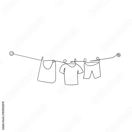 Continuous one line drawing of laundry hang on cloth line. Vector illustration isolated on transparent background