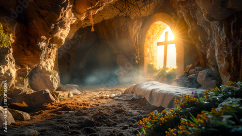 Empty tomb with cross and sunlight beaming through the entrance, representing Easter resurrection