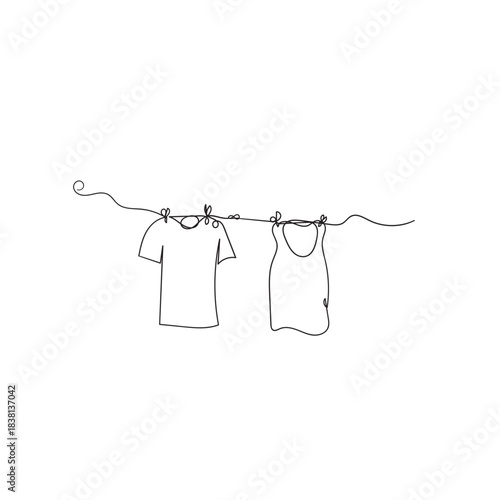Continuous one line drawing of laundry hang on cloth line. Vector illustration isolated on transparent background