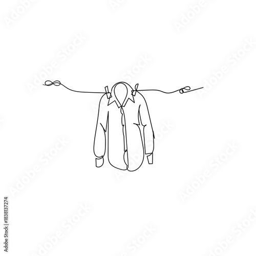 Continuous one line drawing of laundry hang on cloth line. Vector illustration isolated on transparent background