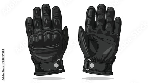 Stylized illustration of a pair of protective black leather riding gloves displayed against a plain white surface enhancing detail and clarity