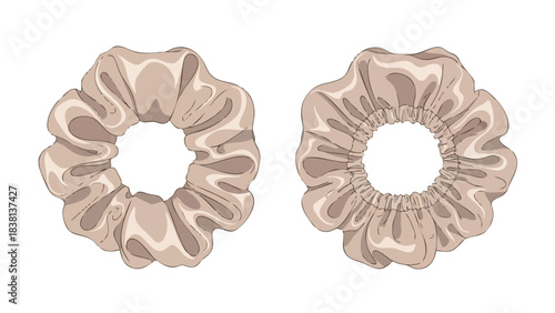 Illustration of two vintage-inspired beige scrunchies on a white backdrop showcasing textile art, handmade hair accessory fashion and decorative flair