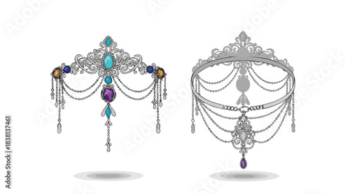 Intricate bejeweled headpieces, displaying intricate designs with silver embellishments and colorful gemstones, exuding luxury and sophistication