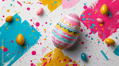 A single decorative Easter egg with bold tribal-style patterns surrounded by colorful paint strokes and small eggs. Easter Egg with Tribal Patterns on Colorful Paint Splashes