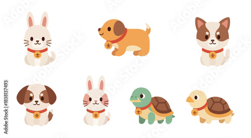 Adorable collection of cartoon pets including dogs, rabbits, and turtles.