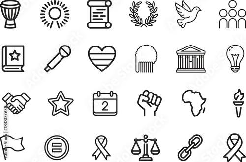 Black history month line icons set. culture, heritage, equality. editable stroke. vector illustration