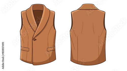 Fashion illustration showcasing a meticulously detailed brown vest from both the front and back perspectives on a clean white backdrop