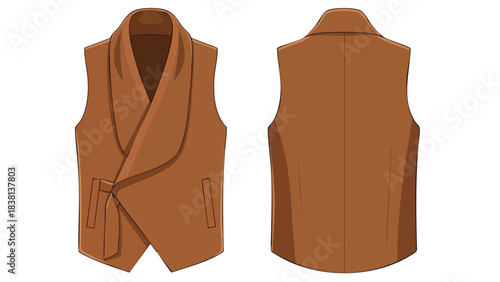 Elegant Brown Vest Design: A Stylish Fashion Garment Showcase Depicting Front and Back Views on Pure White Backdrop