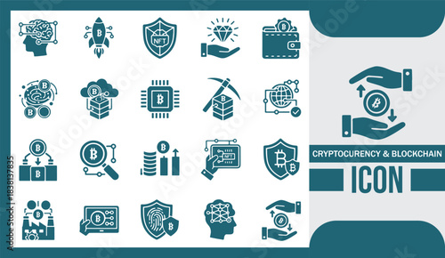 Futuristic Cryptocurrency and Blockchain Technology Icon Set for Digital Finance and Decentralized Networks