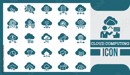  Modern Flat Cloud Computing Icon Set for Digital Storage, Networking, and Data Technology