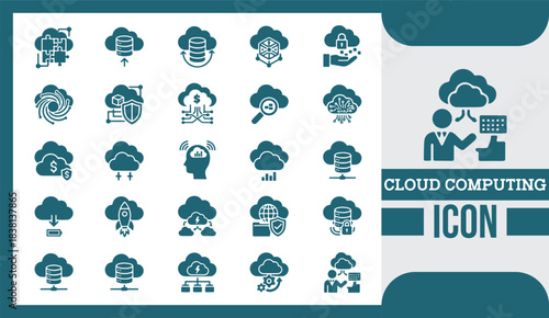  Modern Flat Cloud Computing Icon Set for Digital Storage, Networking, and Data Technology
