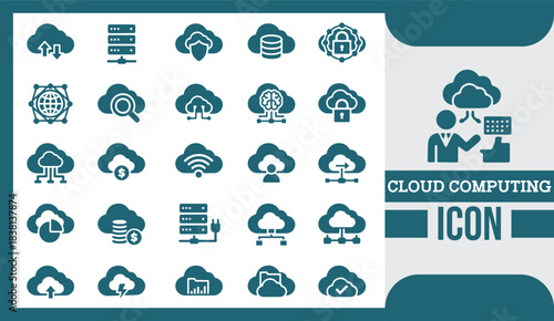  Modern Flat Cloud Computing Icon Set for Digital Storage, Networking, and Data Technology