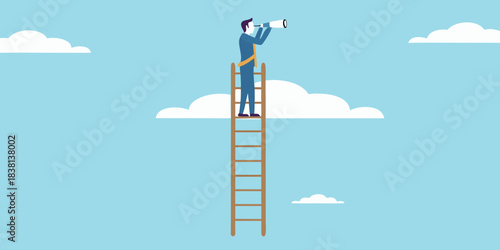 Man shouting through a megaphone while standing on a tall ladder in the clouds