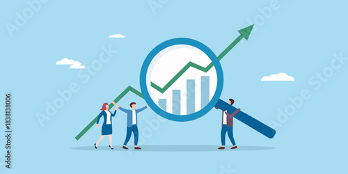 Analyzing growth trends people examining a rising graph with a magnifying glass