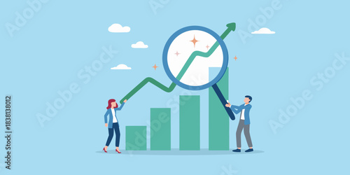 Analyzing growth trends with a magnifying glass and team collaboration