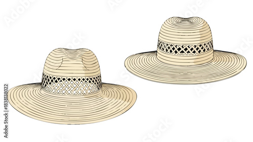 Sun Hats Artistic Rendition: Twin Woven Straw Hats with Wide Brims Depicted in Detailed Line Art Style
