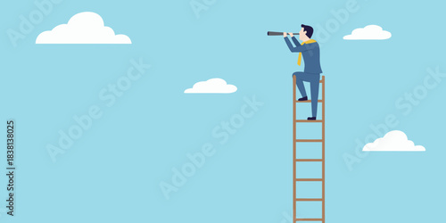A businessman climbs a ladder looking through binoculars at the sky
