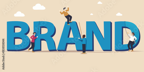 A person climbing large block letters spelling out the word brand