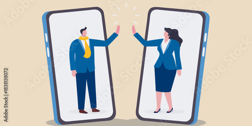 Virtual high five Connecting professionals through screens in a modern workspace