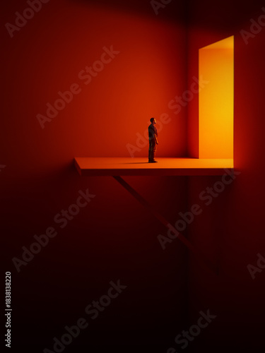 Minimal collage. Man on elevated platform facing bright doorway in dark red space. Concept of leadership decisions, corporate transformation, UX onboarding flows, self-reflection journeys.
