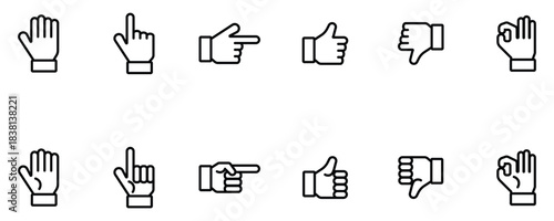 Hand and Finger Gesture Icon Set – Editable Stroke Outline Vector