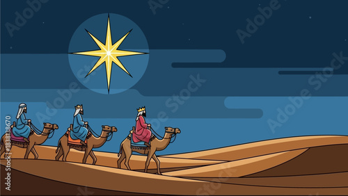 A minimalist flat design illustration depicting the three wise men on their journey, guided by the Star of Bethlehem across a desert landscape. This clean vector art celebrates the Epiphany narrative.