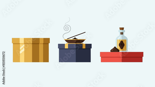 A clean flat design illustration showcasing the symbolic gifts of gold, frankincense, and myrrh, representing the offerings of the Three Kings. 