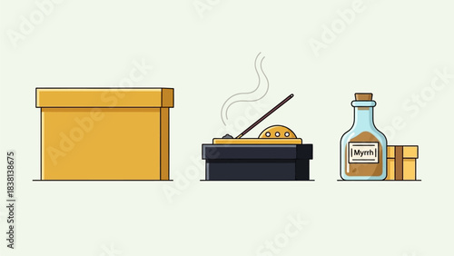 A clean flat design illustration showcasing the symbolic gifts of gold, frankincense, and myrrh, representing the offerings of the Three Kings. 