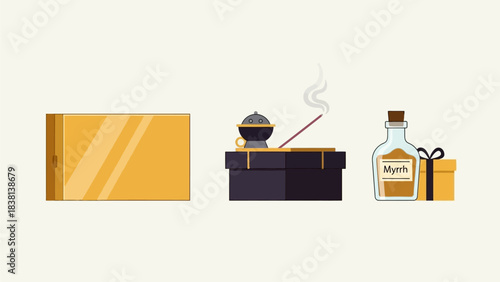 A clean flat design illustration showcasing the symbolic gifts of gold, frankincense, and myrrh, representing the offerings of the Three Kings. 
