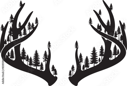 Deer antlers filled with pine trees wildlife forest