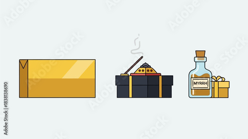 A clean flat design illustration showcasing the symbolic gifts of gold, frankincense, and myrrh, representing the offerings of the Three Kings. 