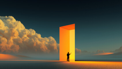 Digital artwork. Man facing glowing orange portal in wide landscape with clouds. Concept of branding identity, AI-driven creativity, strategic decision-making, educational themes, future design visual