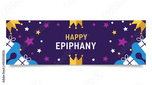 A festive flat design banner proclaiming "Happy Epiphany," adorned with minimalist elements like crowns, stars, and gifts to celebrate Three Kings Day. 