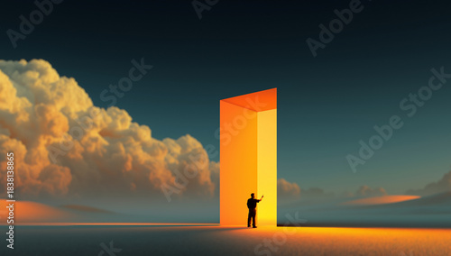 Digital artwork. Man facing glowing orange portal in wide landscape with clouds. Concept of branding identity, AI-driven creativity, strategic decision-making, educational themes, future design visual